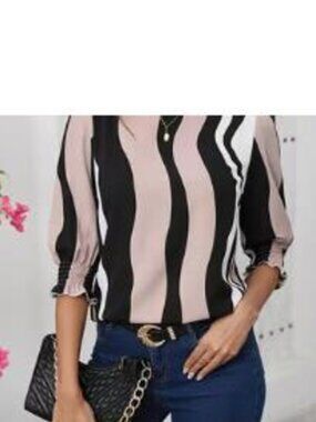 100% Polyester Three-Quarter Shirred Sleeves Elegant Women's Top Trendy Chic